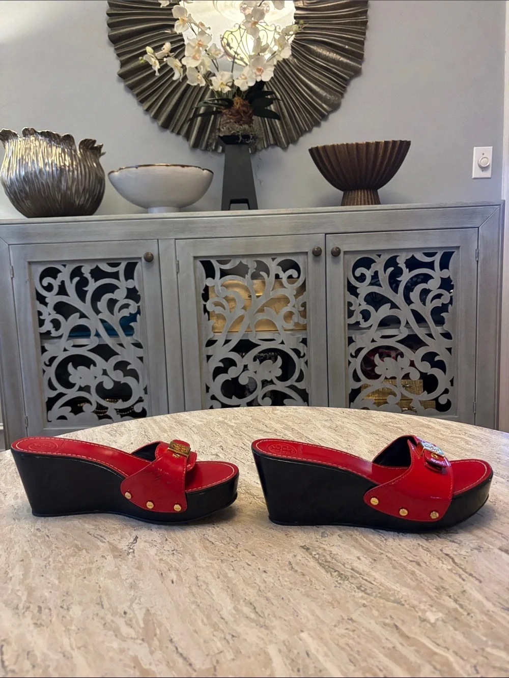 Tory Burch Red Patent Slide Mules with Gold Logo